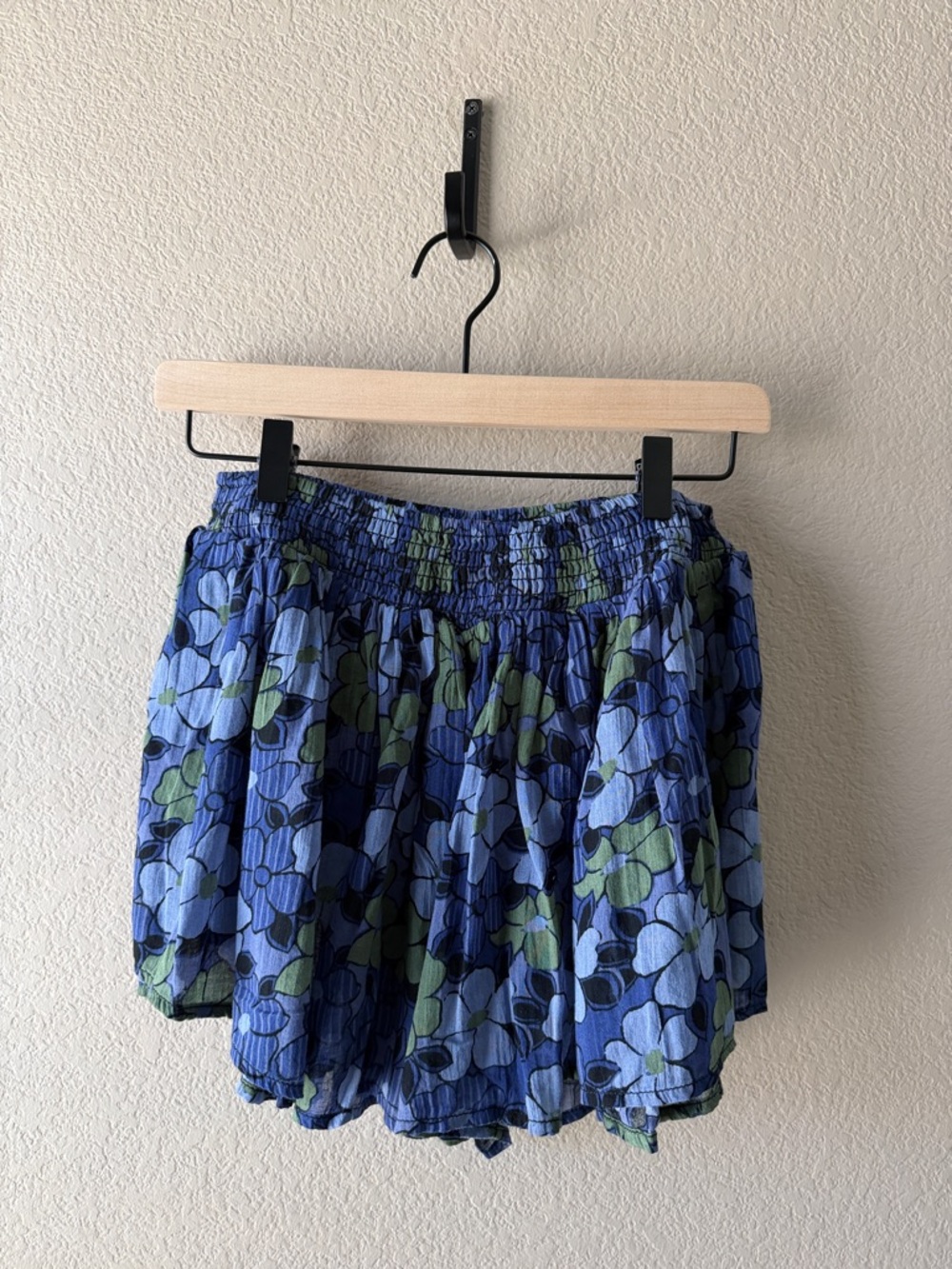 Free People Blue Green Floral Smocked Mini Shorts look like skirt set